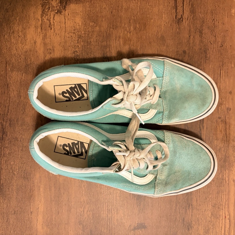 Vans Old Skool Teal Aqua White Sneakers Mens 8.5 Womens 10 Skate Shoes